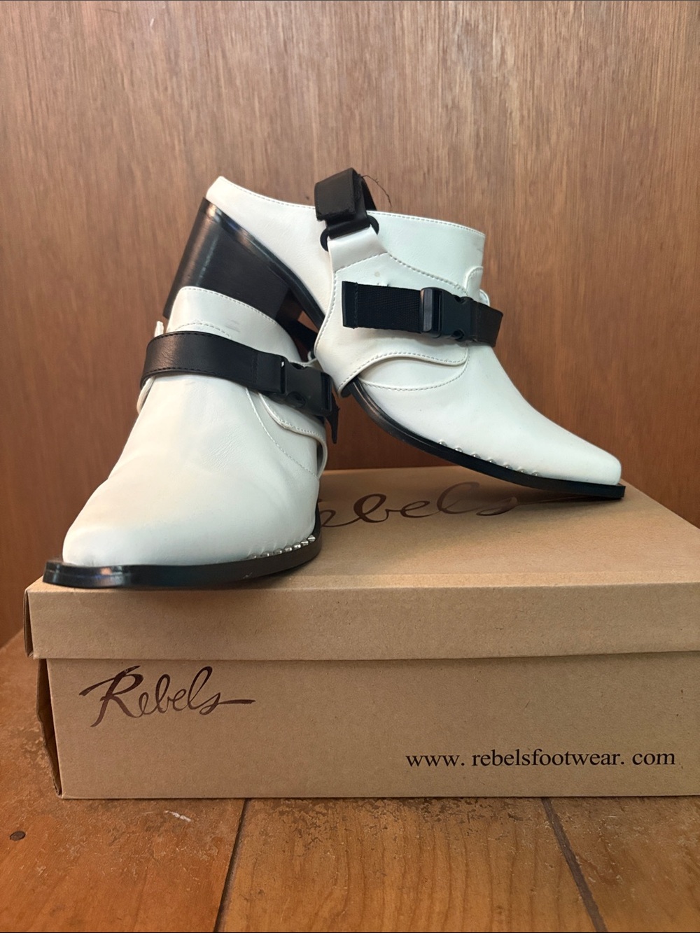 rebels White and Black Buckle Ankle Boots